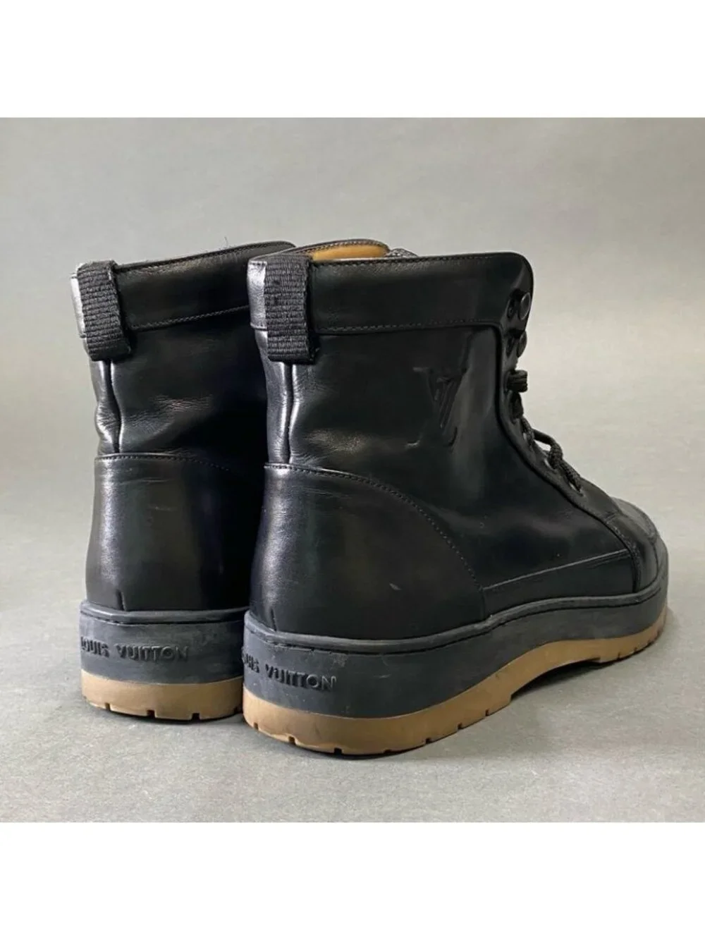 Louis Vuitton LV Logo Lace Up Boots Shoes 7 Black Leather - Picture 3 of 12